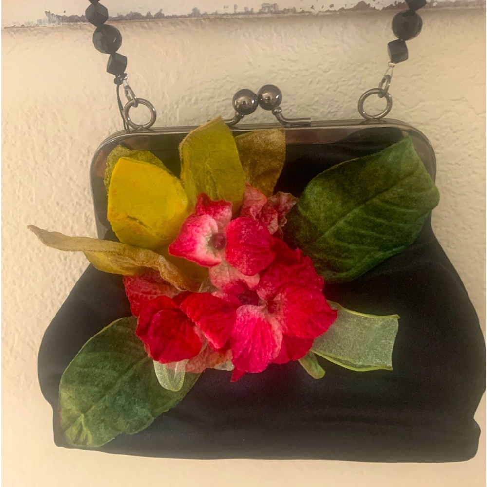 Liz Soto evening bag. New with tag! Beaded handleBlack satin. With silk flowers